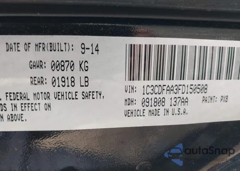 2015 Dodge Dart Se z USA, uszkodzony, nr VIN 1C3CDFAA3FD150508